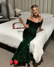 Load image into Gallery viewer, RICHARD QUINN – Off-the-Shoulder Green Sequined Tulle Jumpsuit - Size 6 - Preloved Designer Consignment

