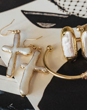 Load image into Gallery viewer, Gold Pearl Cross Earrings
