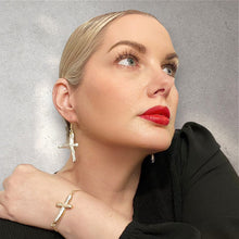 Load image into Gallery viewer, Gold Pearl Cross Earrings
